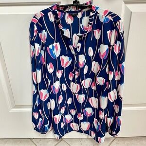 Talbots Navy Tulip Ruffle-Trim Button Details Popover Long Sleeve Tunic Blouse